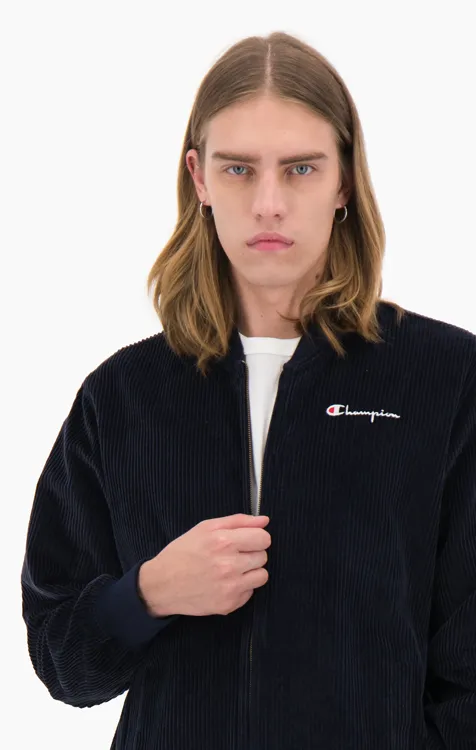 CHAMPION Corduroy Script Logo Bomber Sweat Jacket Navy Choice Attitude